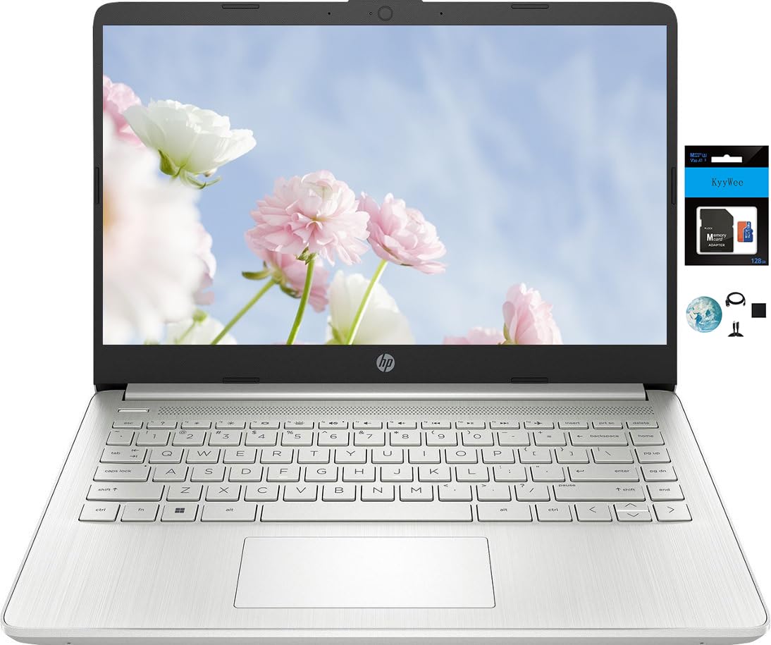 HP 14 Premium HD Portable Laptop Computer Students Business, Quad-Core Intel Celeron Processor, 16GB RAM, 384GB Storage(128GB eMMC+256GB SD Card), 1 Year Office 365, HDMI, Win 11 w/KW Accessories