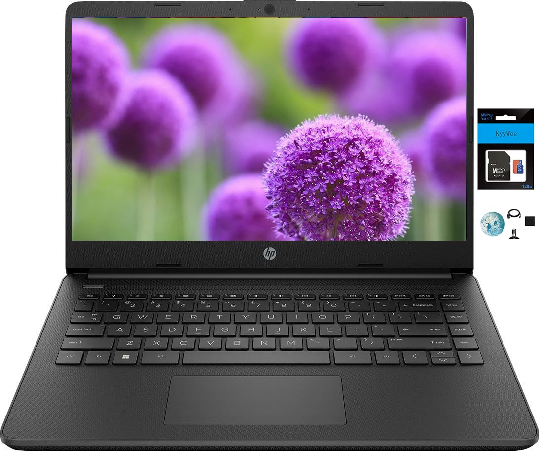 HP 14 Premium HD Portable Laptop Computer Students Business, Quad-Core Intel Celeron Processor, 16GB RAM, 384GB Storage(128GB eMMC+256GB SD Card), 1 Year Office 365, HDMI, Win 11 w/KW Accessories
