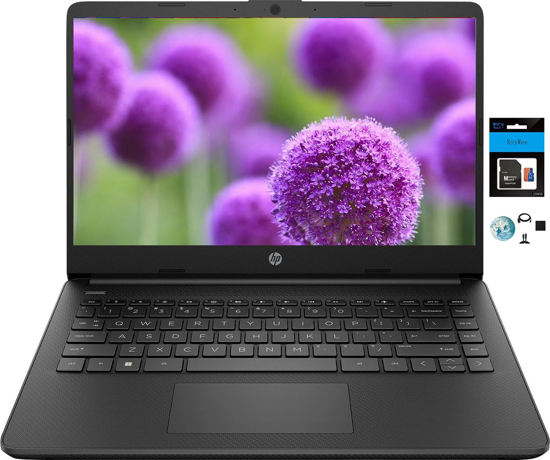 HP 14 Premium HD Portable Laptop Computer Students Business, Quad-Core Intel Celeron Processor, 16GB RAM, 384GB Storage(128GB eMMC+256GB SD Card), 1 Year Office 365, HDMI, Win 11 w/KW Accessories