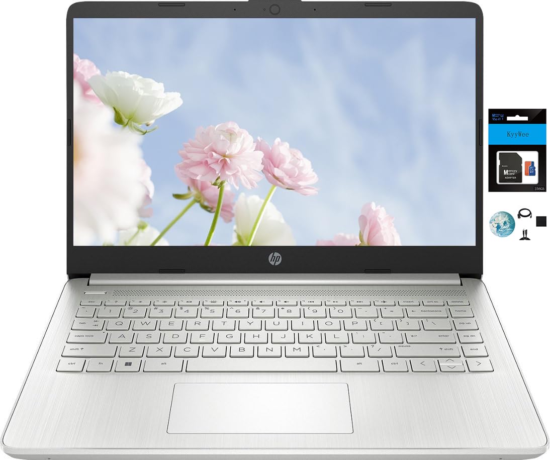 HP 14 Premium HD Portable Laptop Computer Students Business, Quad-Core Intel Celeron Processor, 16GB RAM, 384GB Storage(128GB eMMC+256GB SD Card), 1 Year Office 365, HDMI, Win 11 w/KW Accessories