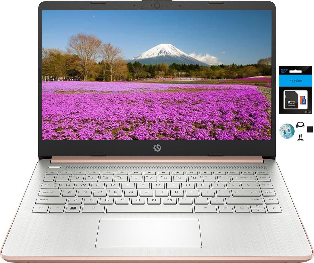 HP 14 Premium HD Portable Laptop Computer Students Business, Quad-Core Intel Celeron Processor, 16GB RAM, 384GB Storage(128GB eMMC+256GB SD Card), 1 Year Office 365, HDMI, Win 11 w/KW Accessories