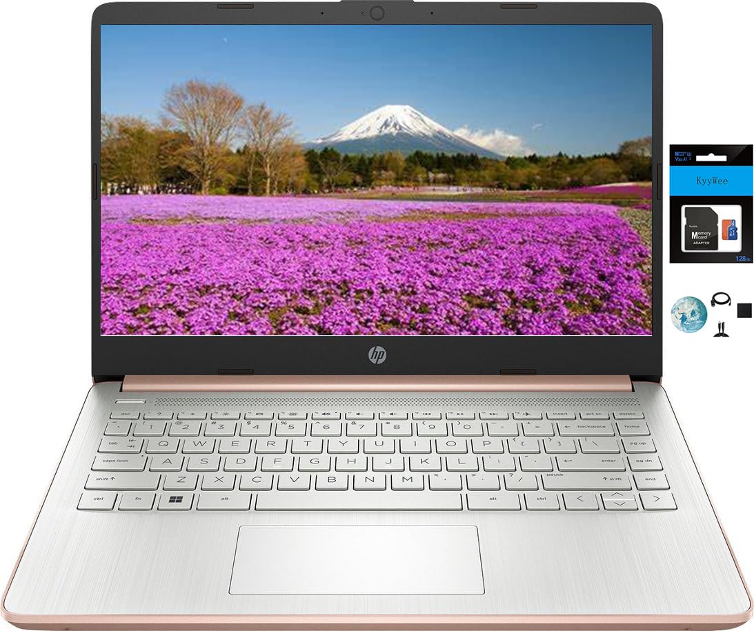 HP 14 Premium HD Portable Laptop Computer Students Business, Quad-Core Intel Celeron Processor, 16GB RAM, 384GB Storage(128GB eMMC+256GB SD Card), 1 Year Office 365, HDMI, Win 11 w/KW Accessories