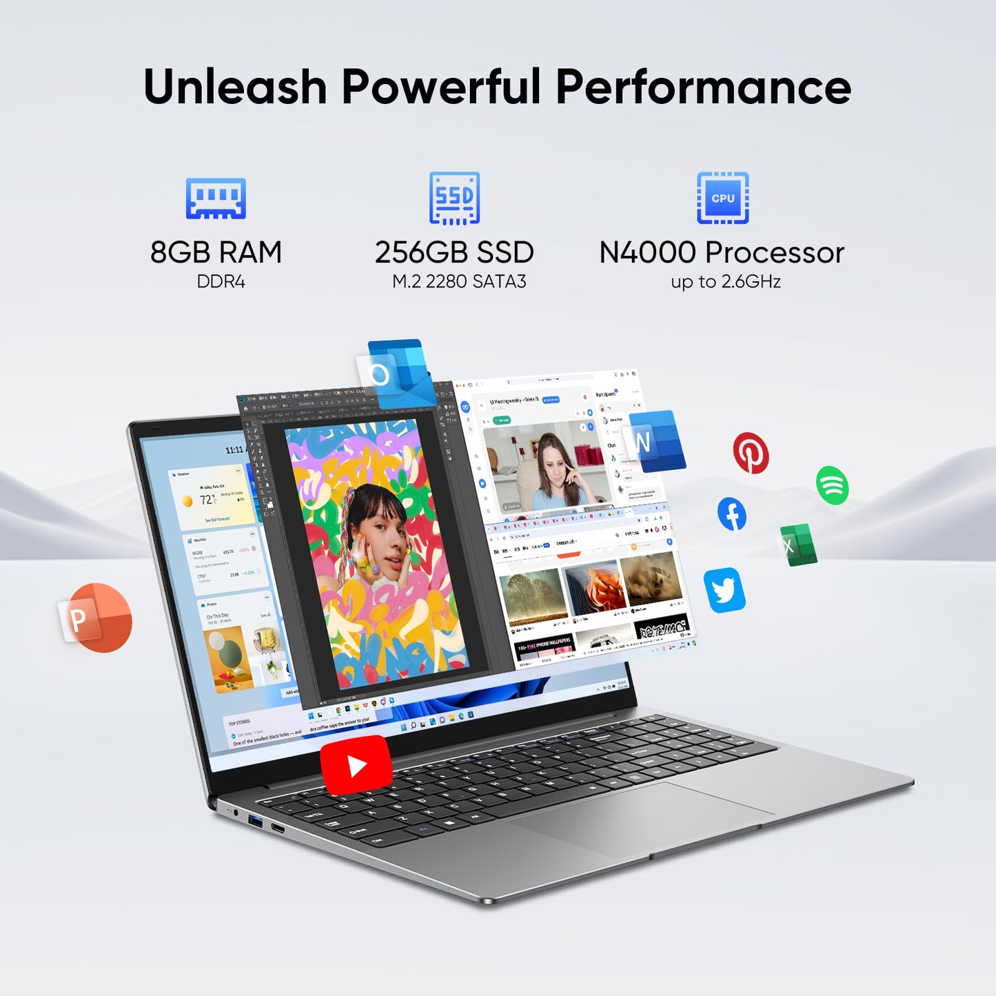 EYY 15.6 inch Windows 11 Pro Laptop,8GB RAM 256GB SSD,Intel Celeron N4000(up to 2.6GHz),100% sRGB Screen,FHD 1920 x 1080丨MS Office 2024丨Dual Band WiFi丨BT4丨2xUSB丨5000mAh Battery
