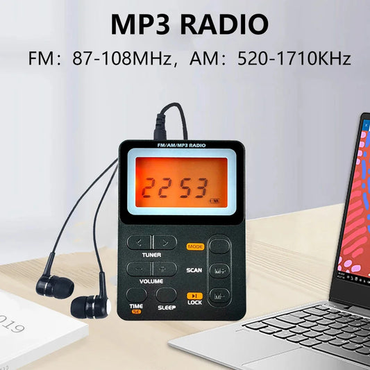 Multifunctional AM FM Radio With Earphones Radio Rechargeable Portable MP3 Player Alarm Clock For Outdoor Running Sports