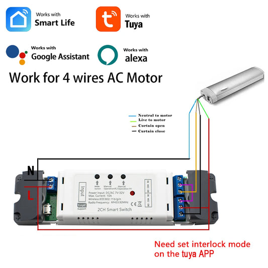 2 Channel Tuya Smart Wifi Electric Linear Actuator Motor Controller,DC AC 12V 24V 32V Switch,RF433 Remote,2CH Pulse Relay Module