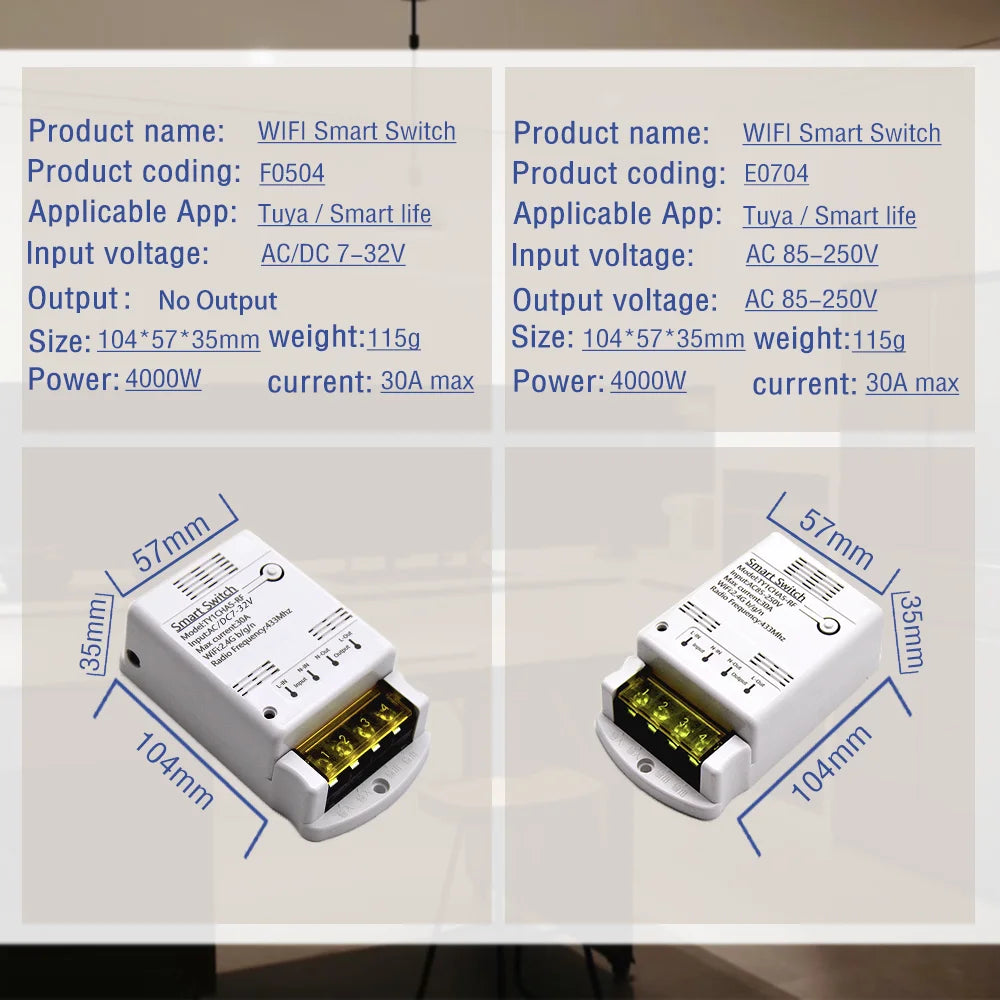 Tuya Smart Switch WIFI 4000W 20/30A RF Relay Module 7-32V 85-250V Smart Life Wireless Remote Control Breaker With Alexa Google